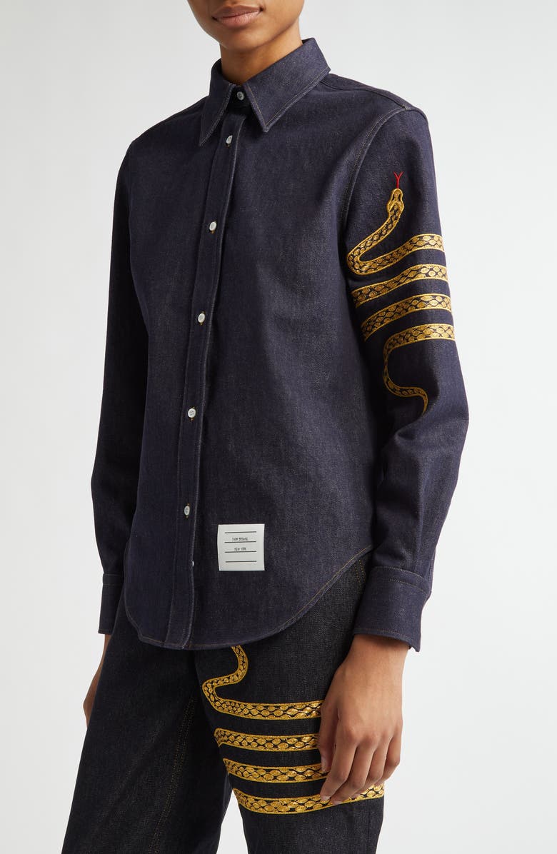 Thom Browne Lunar New Year Snake 4-Bar Denim Button-Up Shirt, Alternate, color,