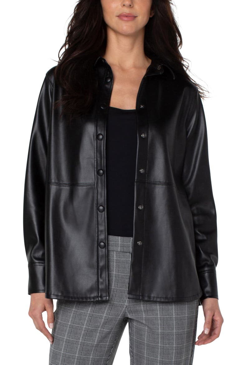 Seamed Faux Leather Shacket, Alternate, color, BLACK