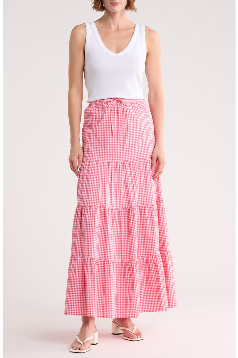 Tiered Cotton Maxi Skirt, Main, color, PINK- WHITE GALA GINGHAM