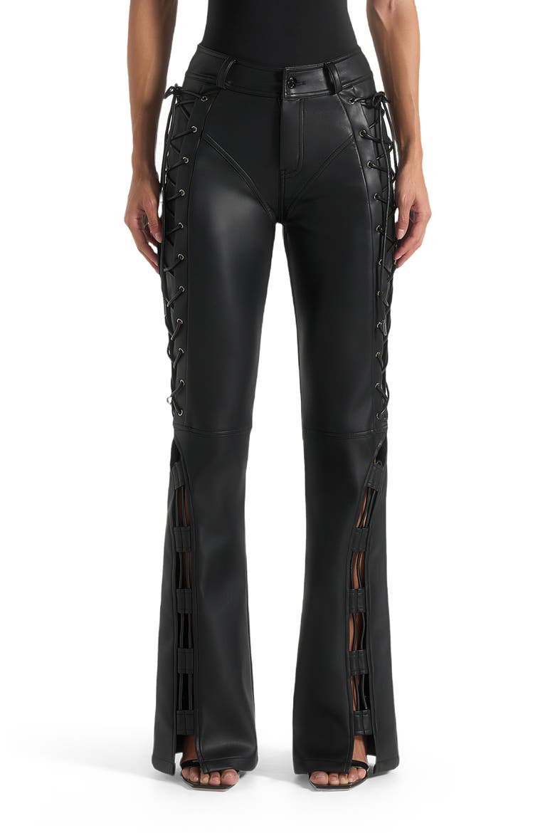 Ambre Leather Lace Up Flared Trousers, Main, color, Black