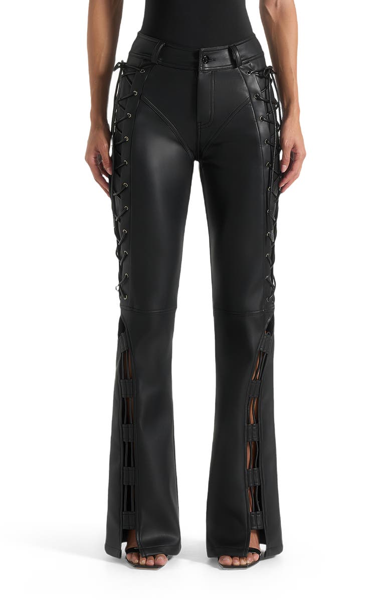 Manière De Voir Ambre Leather Lace Up Flared Trousers, Main, color, Black