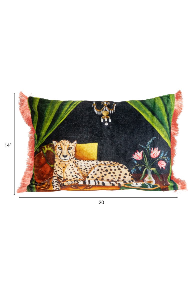 Cotton Blend Velvet Printed Lumbar Pillow with Cheetah Image and Eyelash Fringe, Multi Color, Alternate, color, Green
