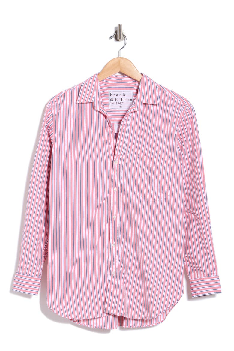 Boyfriend Cotton Button-Up Shirt, Main, color, RED NAVY MULTI STRIPE