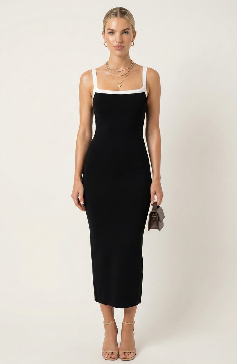 Modenaire Square Neck Contrast Trim Midi Dress, Main, color, Black / White