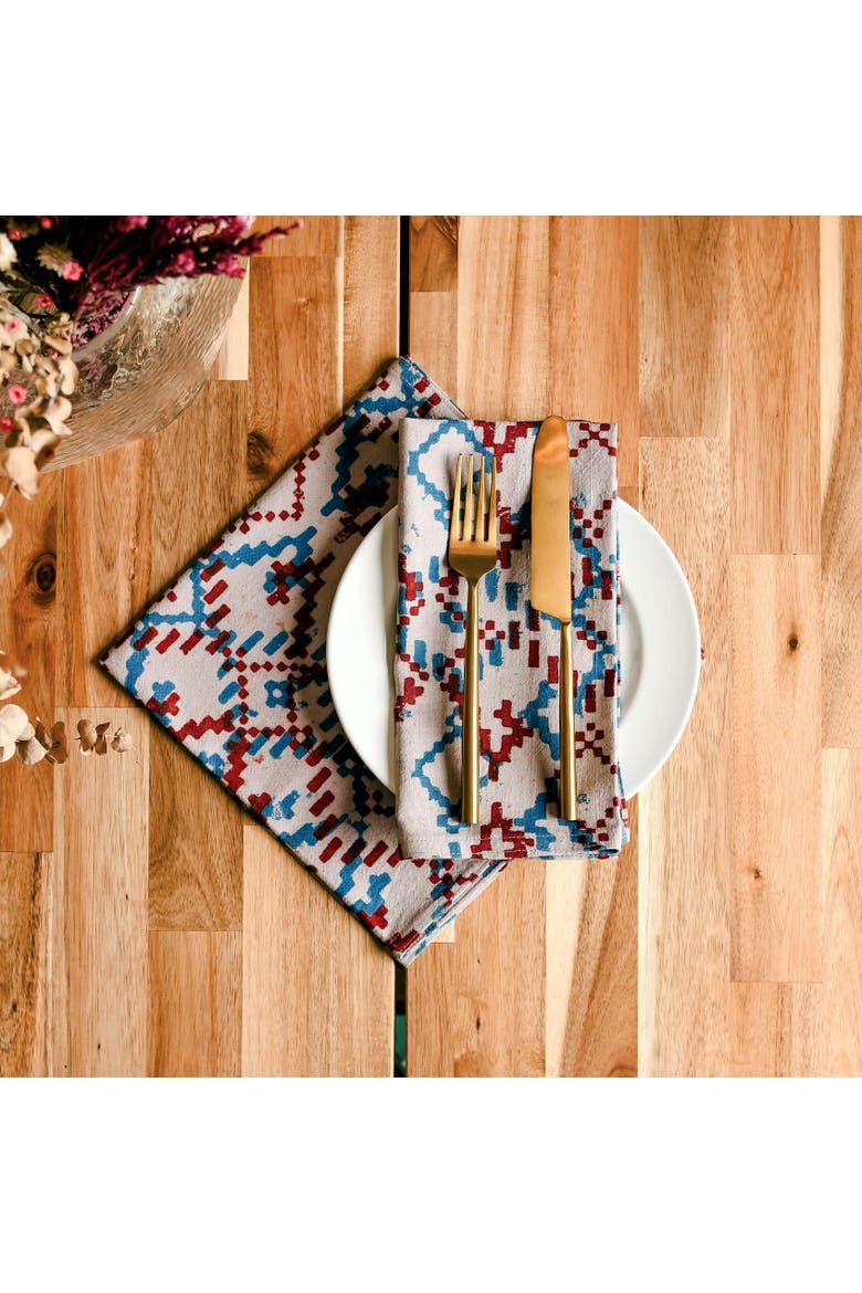 Dabu Block Print Cotton Napkins, Set of 4, Alternate, color, Blue & Red