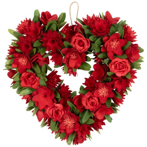 Mixed Floral Artificial Valentine's Day Heart Wreath - 15" - Red