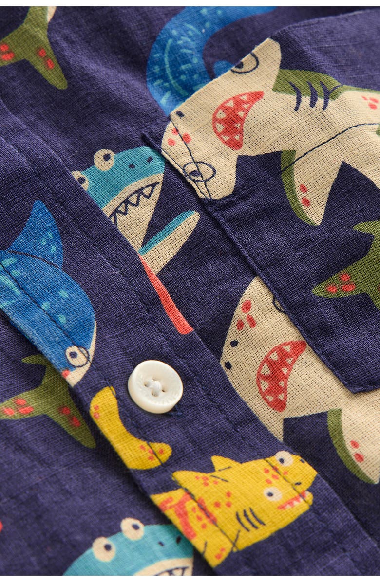 Mini Boden Kids' Linen & Cotton Short Sleeve Button-Down Shirt, Alternate, color, Navy Sharks
