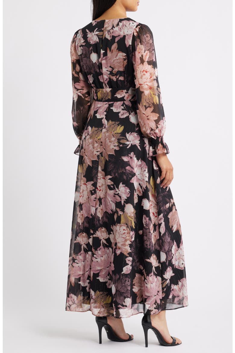Metallic Floral Print Long Sleeve Faux Wrap Maxi Dress, Alternate, color, ANNE BLACK MULTI