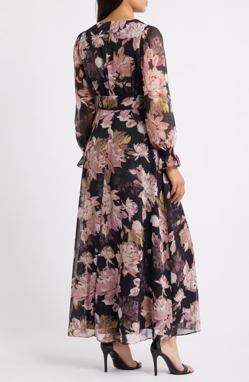 Anne Klein Metallic Floral Print Long Sleeve Faux Wrap Maxi Dress In Multi