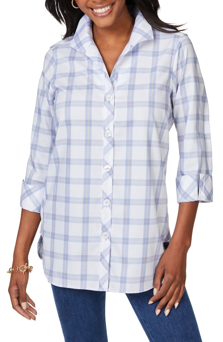 Foxcroft Pandora Plaid Cotton Button-Up Tunic, Main, color, Iris Bloom