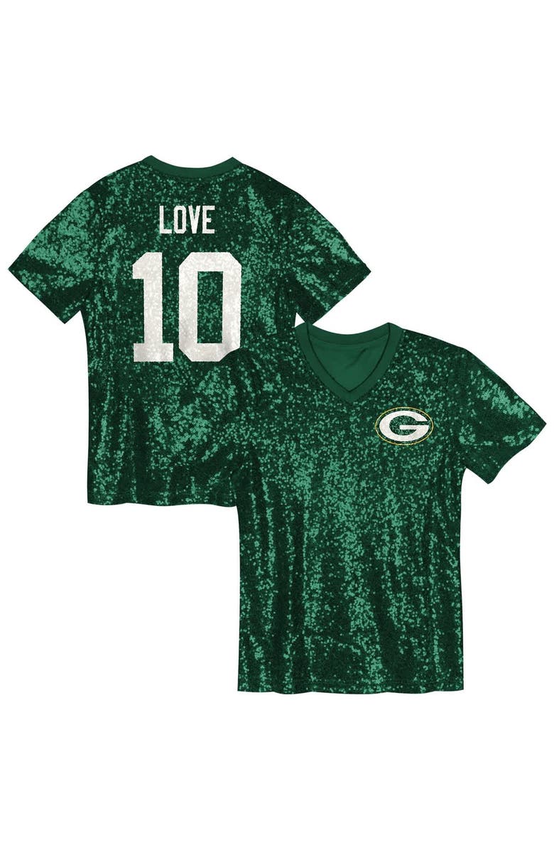Outerstuff Girls Youth Jordan Love Green Green Bay Packers Sequin V-Neck Fashion Jersey, Main, color, Green