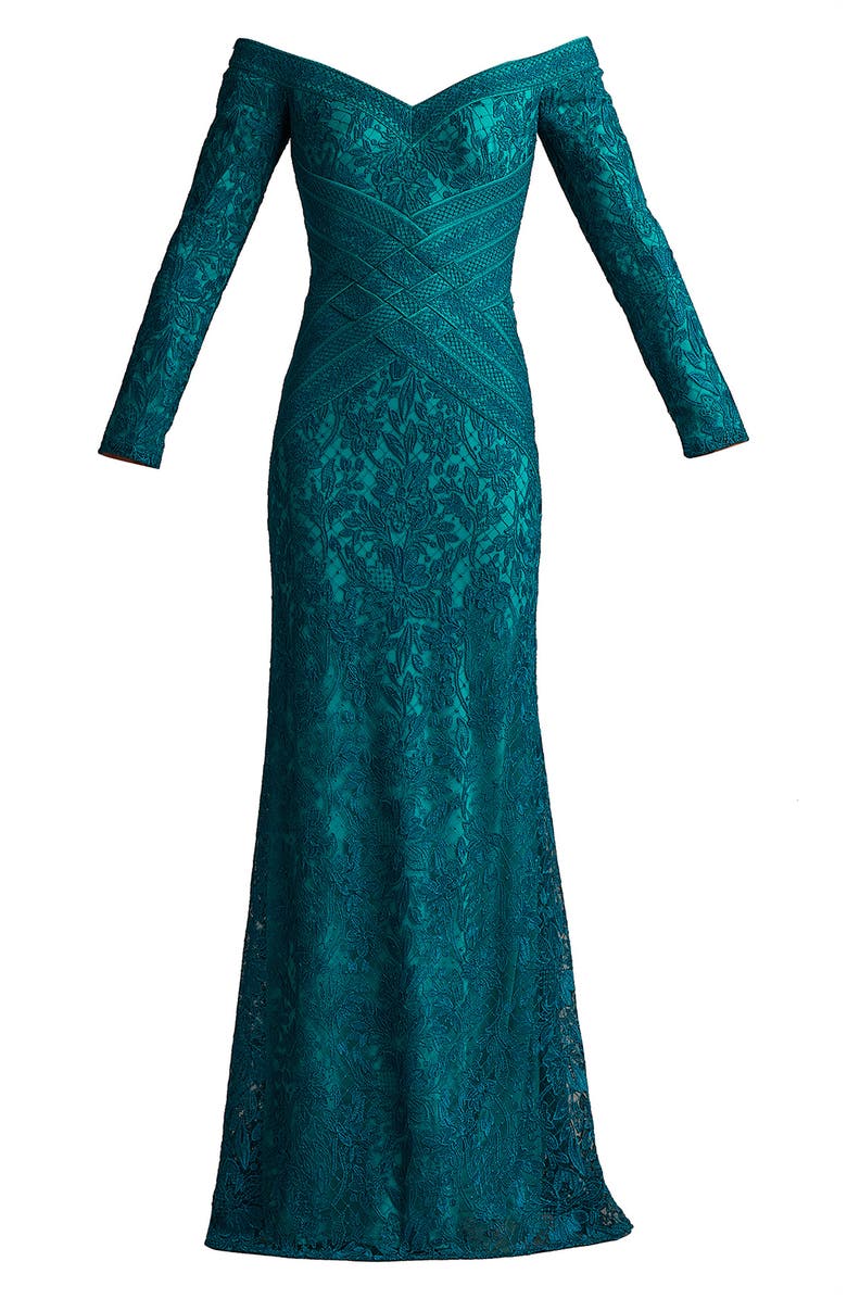 Tadashi Shoji Off the Shoulder Lace Trumpet Gown, Alternate, color, Cerulean