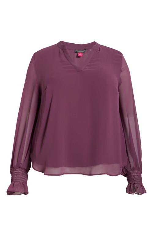 Vince Camuto Split Neck Sheer Long Sleeve Chiffon Top In Purple