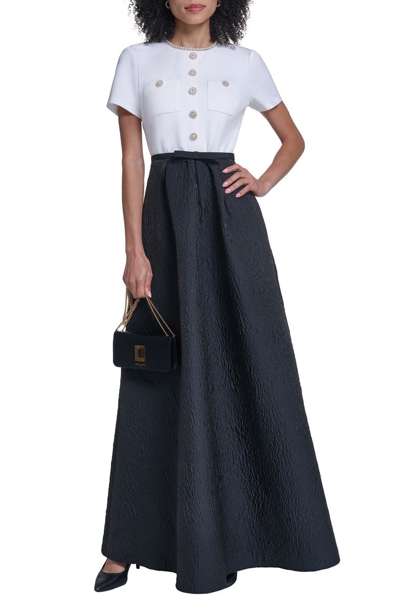 Mixed Media Short Sleeve A-Line Gown, Alternate, color, SOFT WHITE BLACK