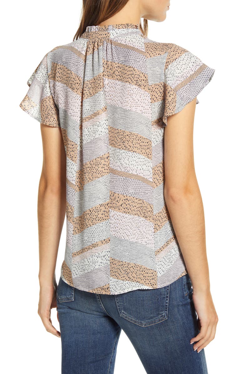 Bobeau Print Tie Neck Flutter Sleeve Top, Alternate, color, 