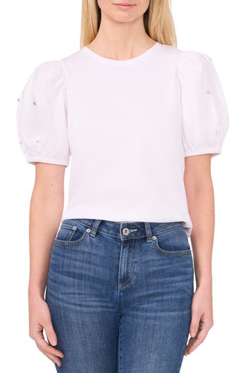 Cece Embellished Puff Sleeve Mixed Media Top In White