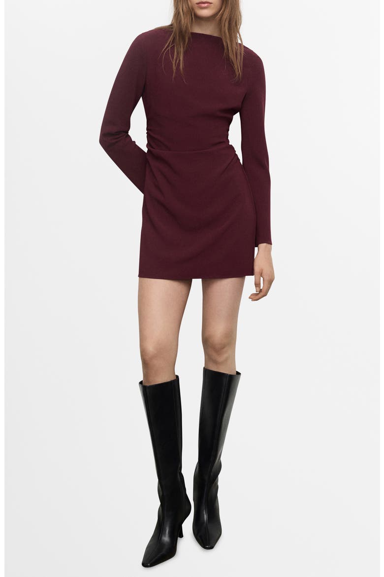 Ruched Bateau Neck Long Sleeve Minidress, Main, color, MAROON