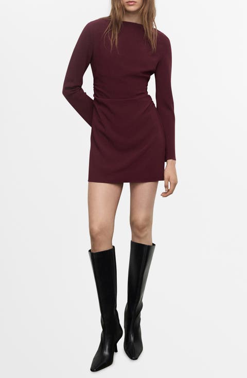 Ruched Bateau Neck Long Sleeve Minidress (Regular & Plus)