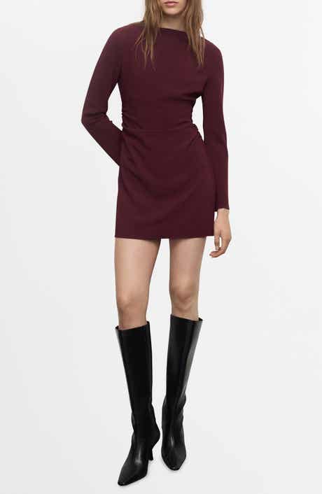 MANGO Ruched Bateau Neck Long Sleeve Minidress