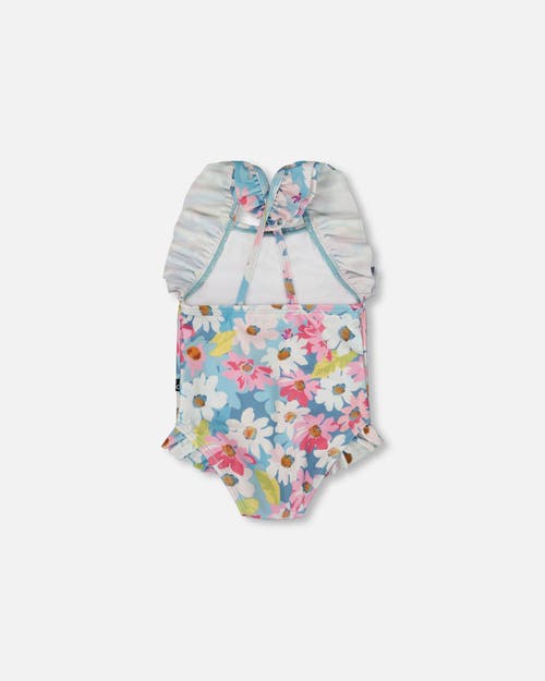 Deux Par Deux Little Girl's Printed One-piece Swimsuit With Frills White, Pink, And Green Flowers In Green