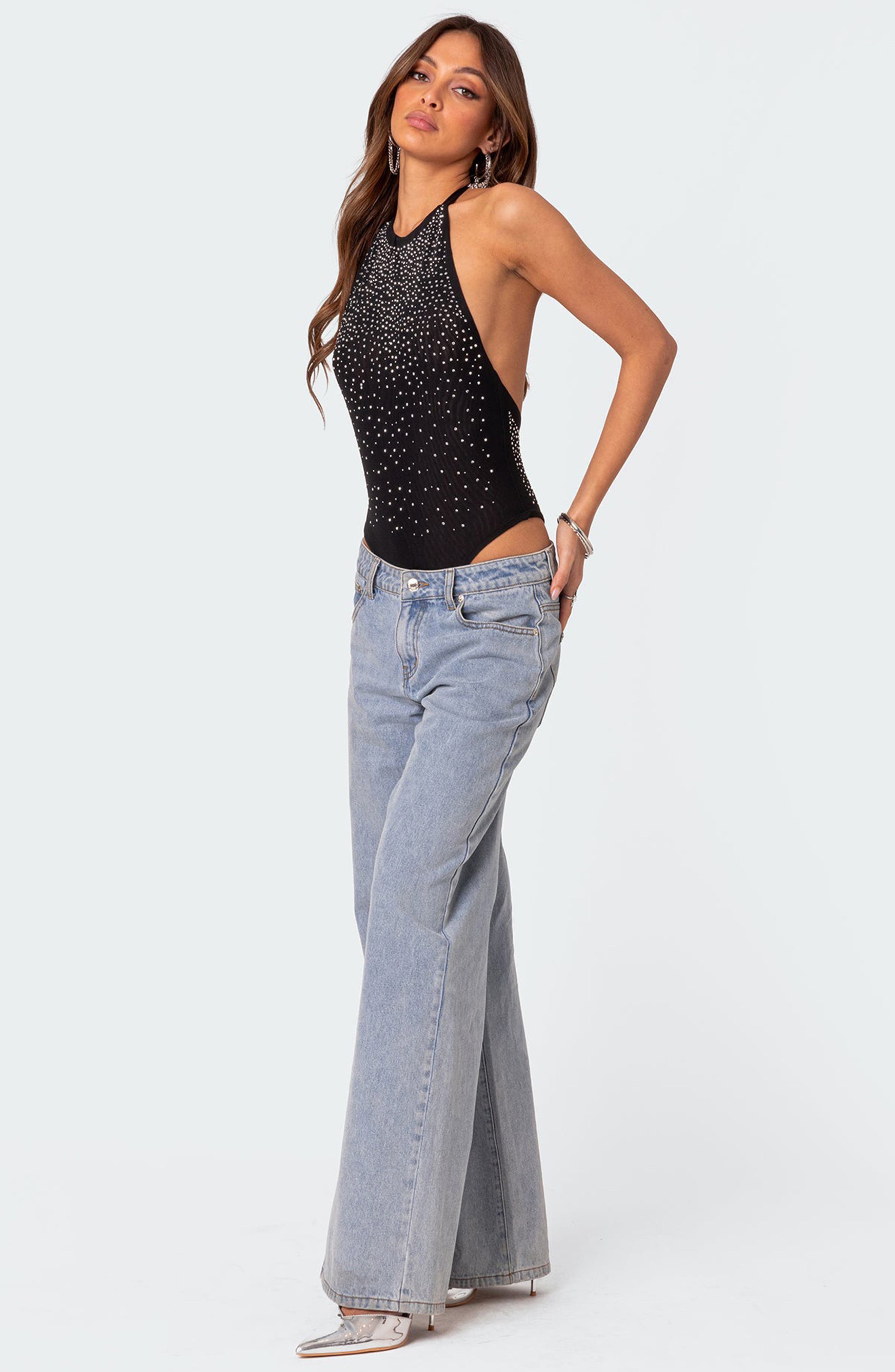 EDIKTED Rhinestone Mesh Halter Bodysuit (Women) | Nordstrom