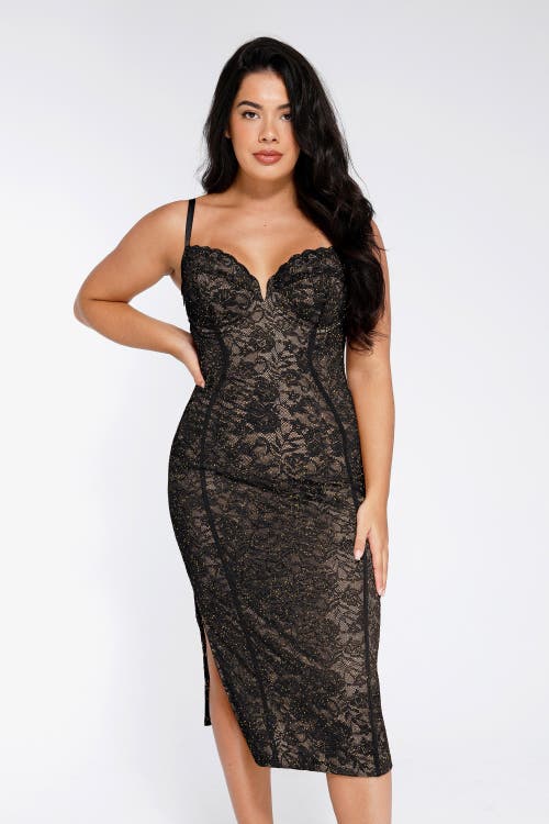Popilush Shapewear All-lace Hourglass Corset Side Slit Midi Dress In Midnight Black
