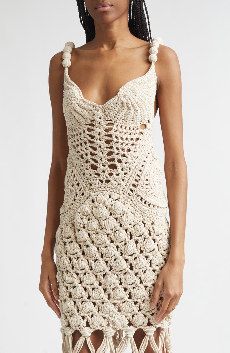 Balmain Fringe Cotton Crochet Dress, Alternate, color, Natural