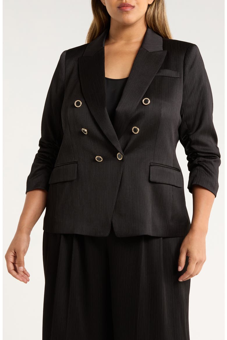 Crinkle Satin Faux Double Breasted Jacket, Alternate, color, BLACK