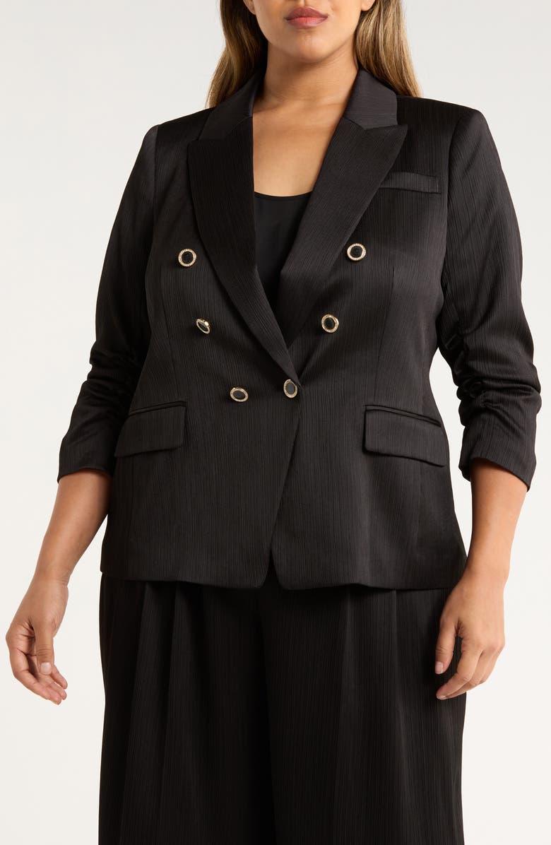 Tahari ASL Crinkle Satin Faux Double Breasted Jacket, Alternate, color, Black