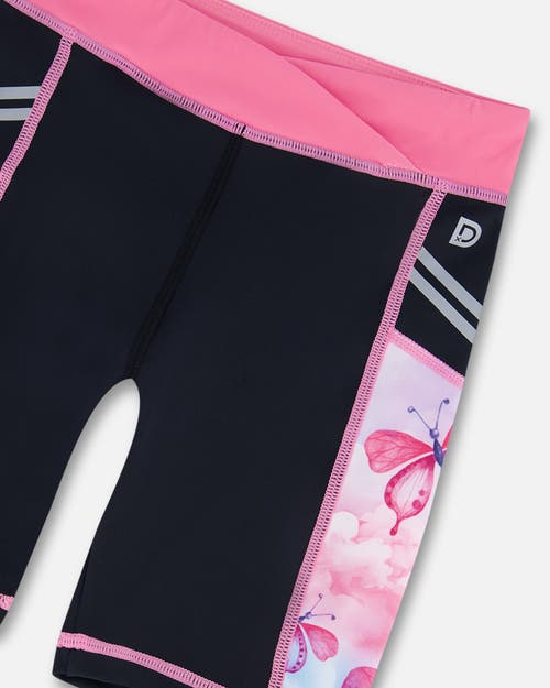 Deux Par Deux Little Girl's Printed Athletic Biker Short Black, Pink And Multicolored Butterflies In Black Pink And Multicolored
