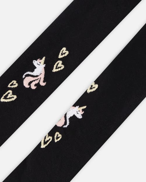Deux Par Deux Knit Tights With Unicorns And Hearts In Black