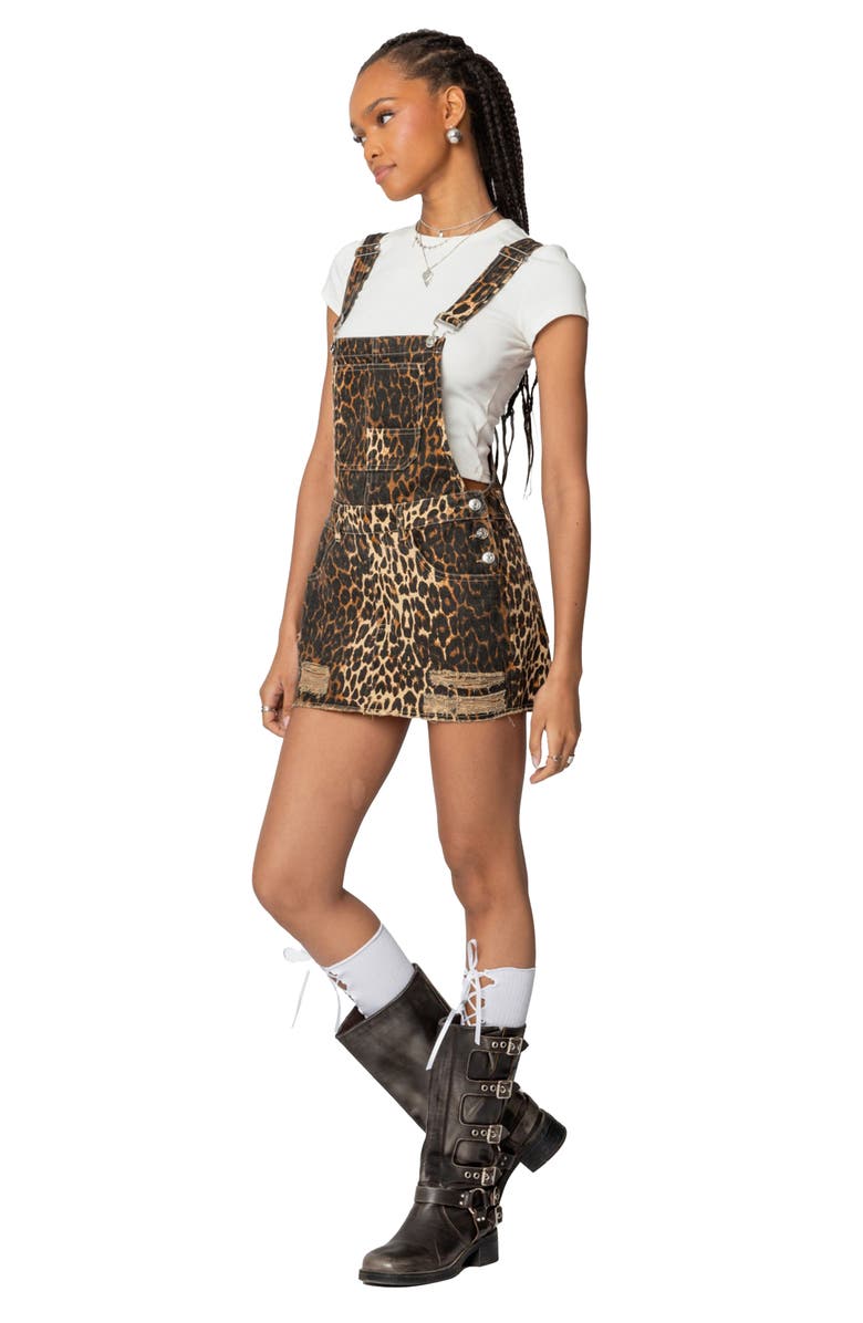 EDIKTED Leopard Print Denim Overall Minidress, Alternate, color,