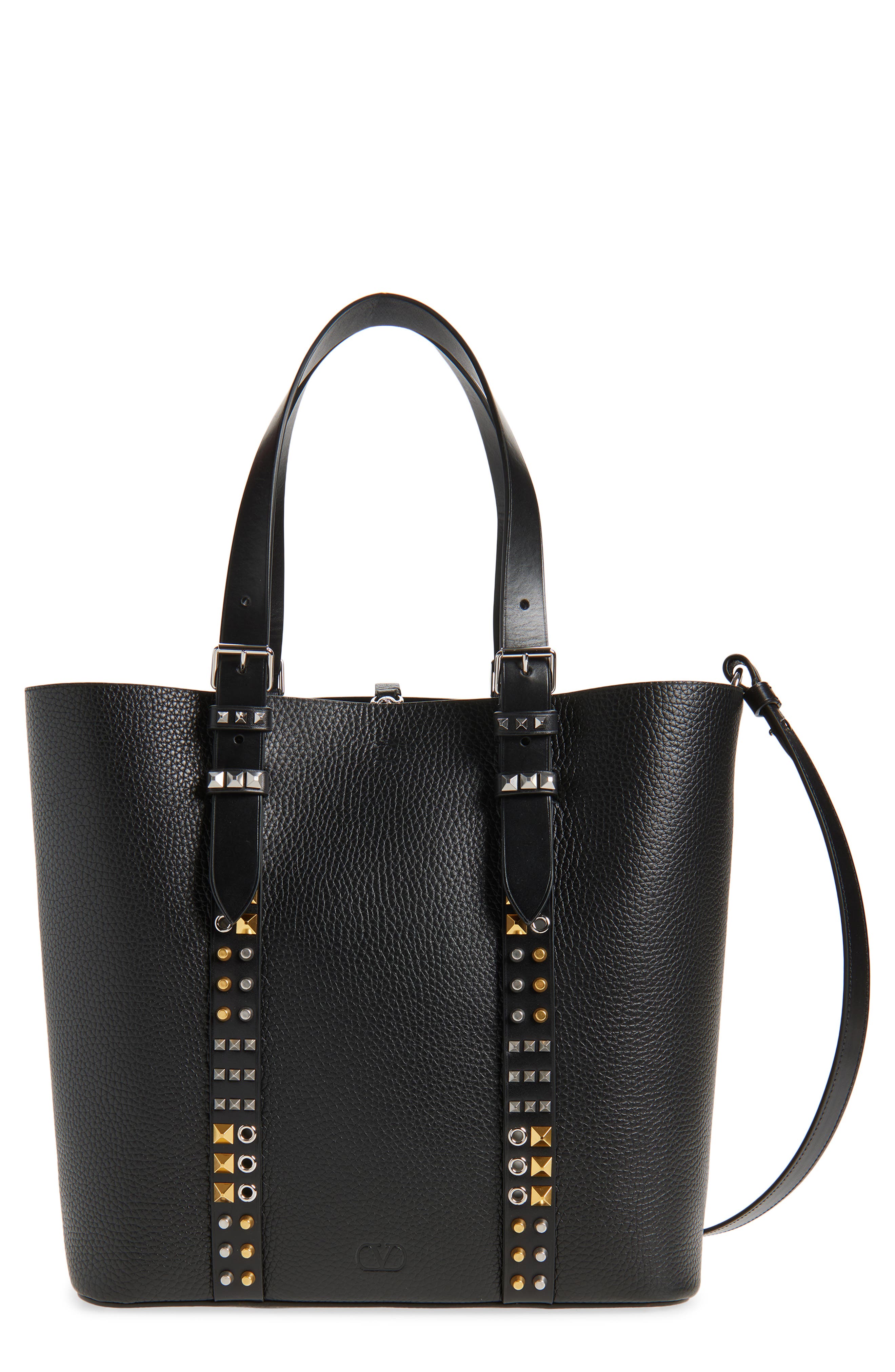 Valentino Medium Rockstud Calfskin Tote, Main, color, Black