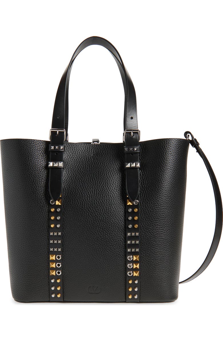 Valentino Medium Rockstud Calfskin Tote, Main, color, Black