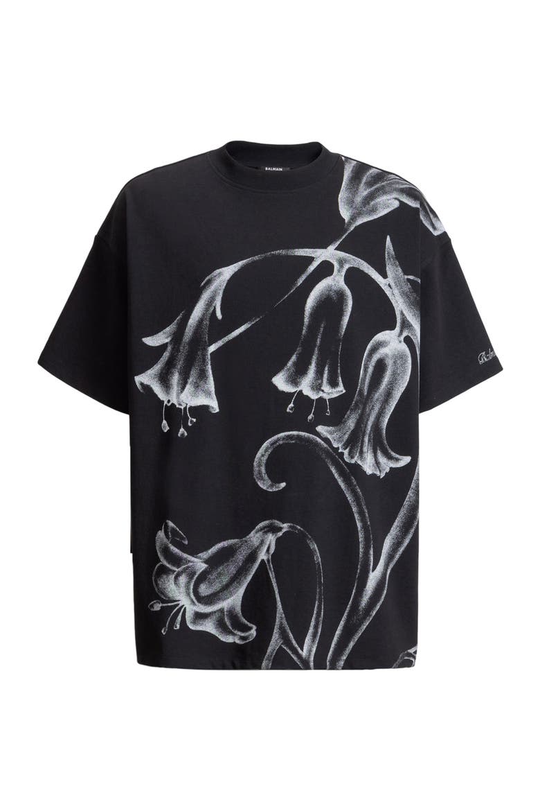 Printed Balmain Flower T-Shirt, Alternate, color, black