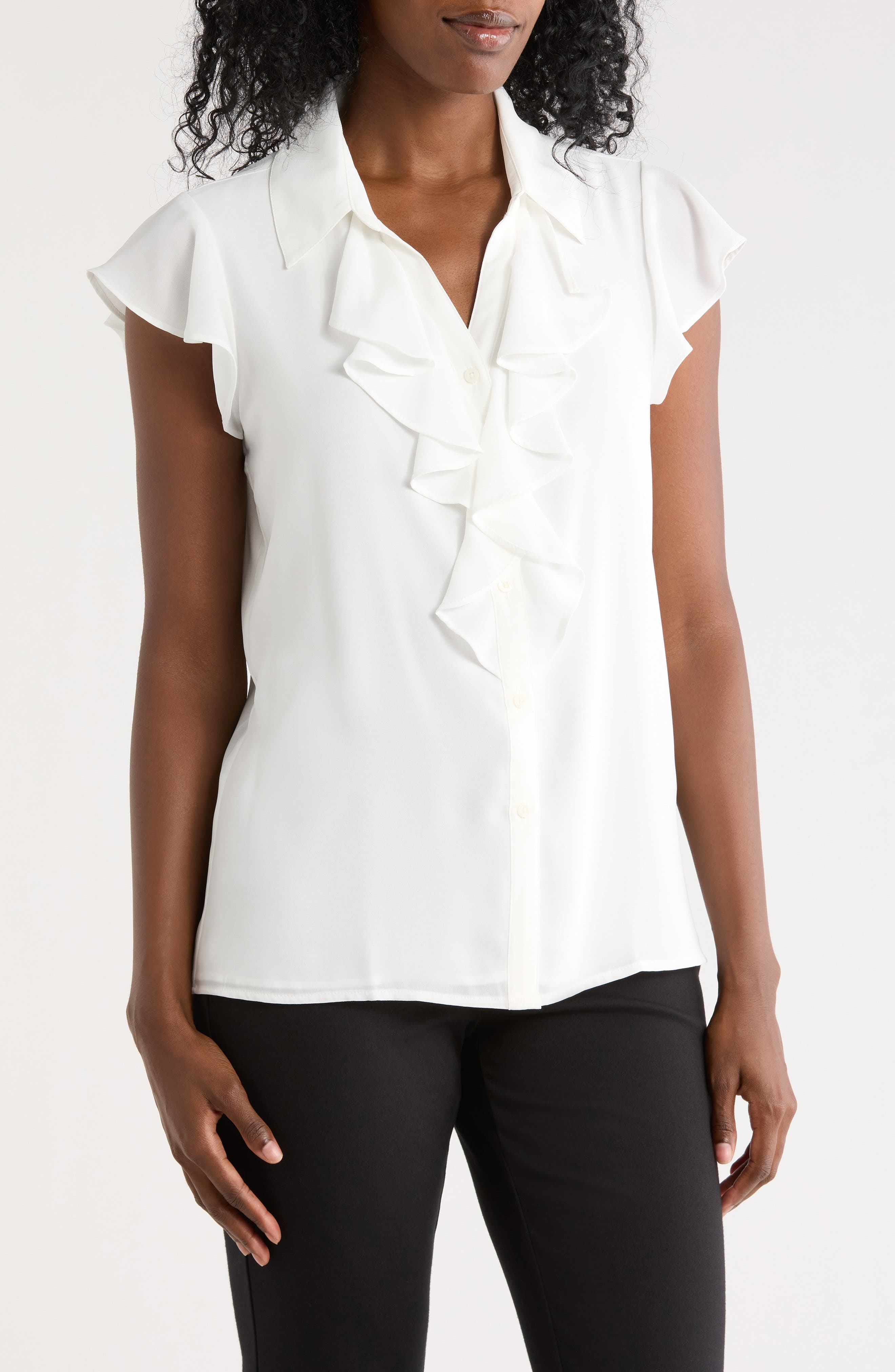 Calvin Klein Cap Sleeve Ruffle Button-Up Top