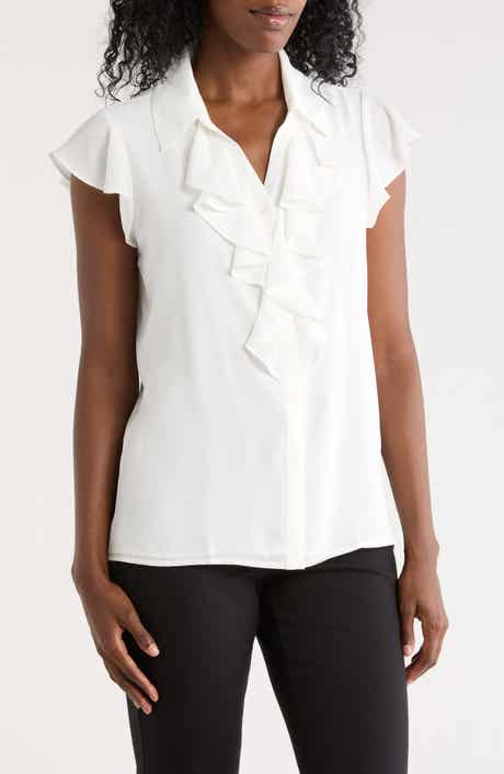Calvin Klein Cap Sleeve Ruffle Button-Up Top
