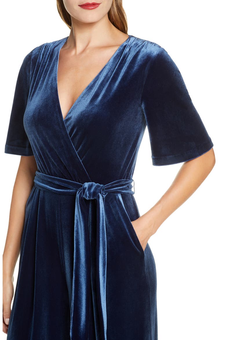 Wide Leg Faux Wrap Velvet Jumpsuit, Alternate, color, BLUE