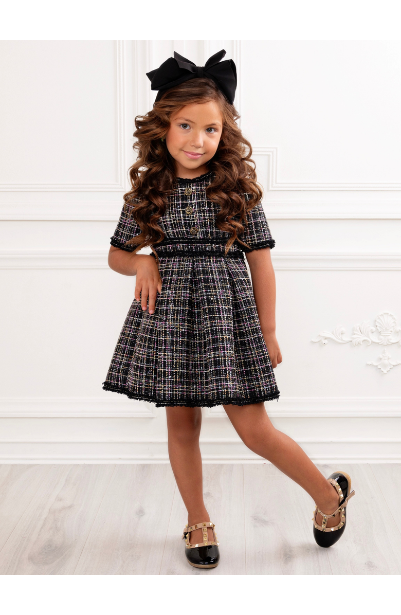 Mia Belle Girls Class Act Tweed Puff Sleeve Dress, Alternate, color, Black