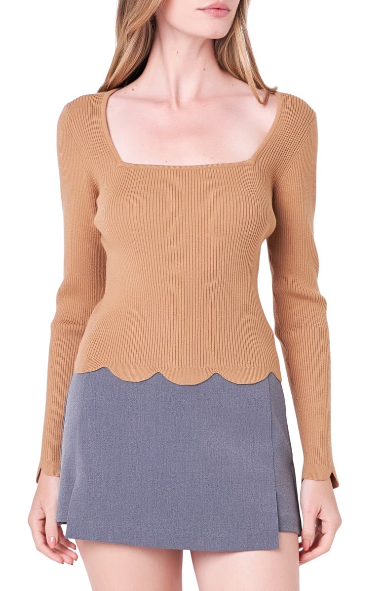 English Factory Scallop Hem Sweater, Main, color, Tan
