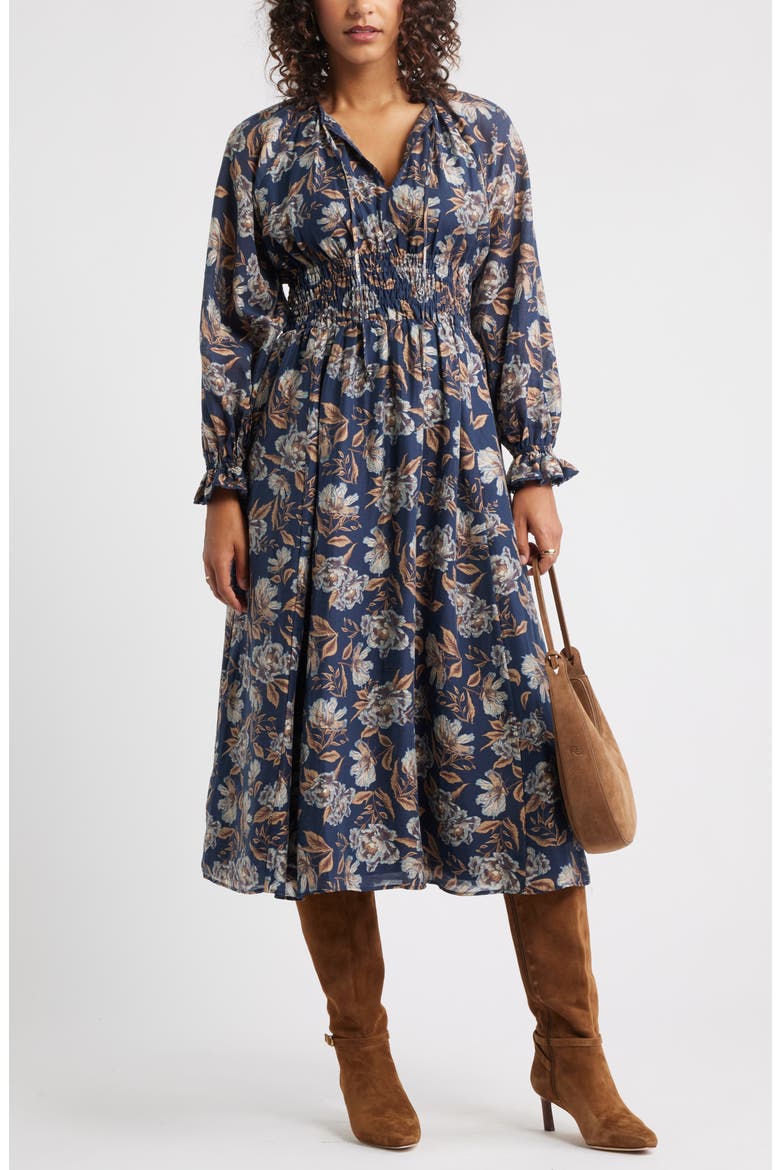 Long Sleeve Smocked Waist Midi Dress, Alternate, color, NAVY- GREEN FRANNIE FLORAL