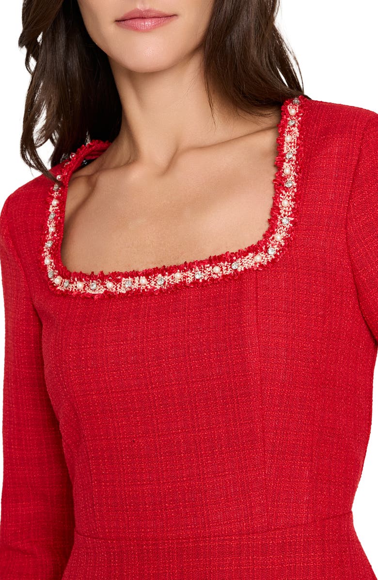 Tahari ASL Faux Pearl & Rhinestone Detail Long Sleeve Tweed Dress, Alternate, color, Sangria