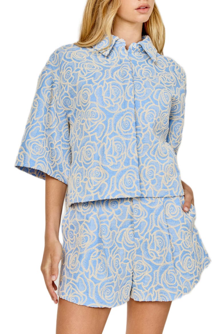 Embroidered Crop Cotton Blend Button-Up Shirt, Main, color, BLUE