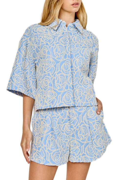 Embroidered Crop Cotton Blend Button-Up Shirt