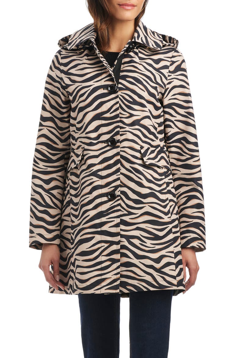 hooded water resistant a-line trench coat, Alternate, color, BOLD ZEBRA