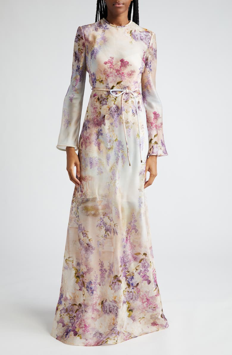 Zimmermann Luminosity Floral Print Long Sleeve Silk Satin Dress, Main, color, 