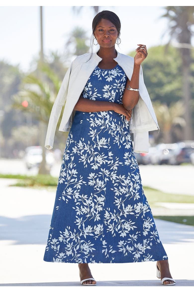 Denim Maxi Dress, Alternate, color, MEDIUM STONEWASH LEAF