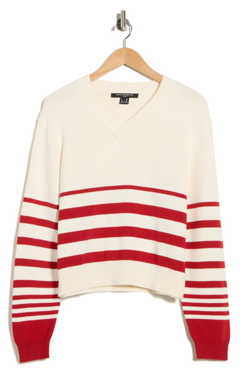 French Connection Stripe V-Neck Sweater, Main, color, Cream/ Red