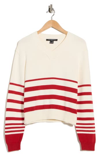 French Connection Stripe V-neck Sweater In White