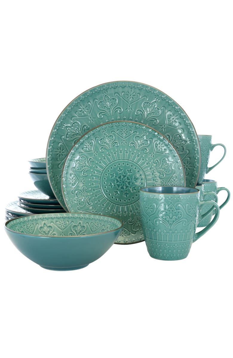 Elama Sea Foam Mozaic 16 Piece Luxurious Stoneware Dinnerware with Complete Setting for 4, Main, color, Green